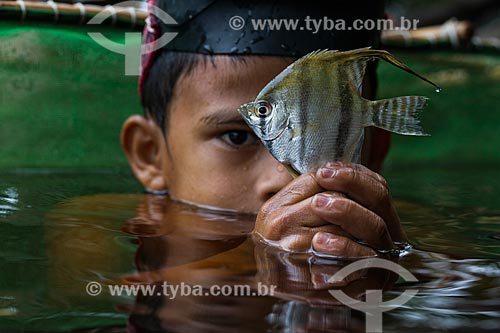 Detail of riverine boy fishing Angelfish (Pterophyllum scalare) - Negro River  - Barcelos city - Amazonas state (AM) - Brazil