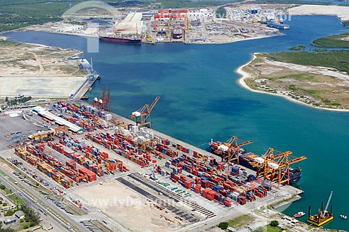  Aerial photo of the TECON - Container Terminal - of the Port of Suape Complex with the Atlantico Sul Shipyard in the background  - Ipojuca city - Pernambuco state (PE) - Brazil
