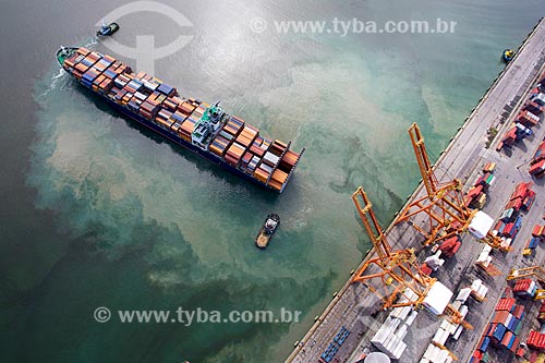 Aerial photo of the cargo ship berthed in TECON - Container Terminal - of the Port of Suape Complex  - Ipojuca city - Pernambuco state (PE) - Brazil
