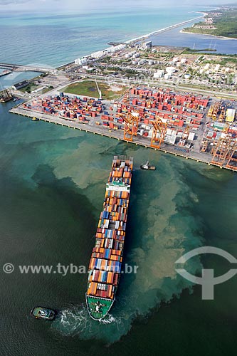  Aerial photo of the cargo ship berthed in TECON - Container Terminal - of the Port of Suape Complex  - Ipojuca city - Pernambuco state (PE) - Brazil