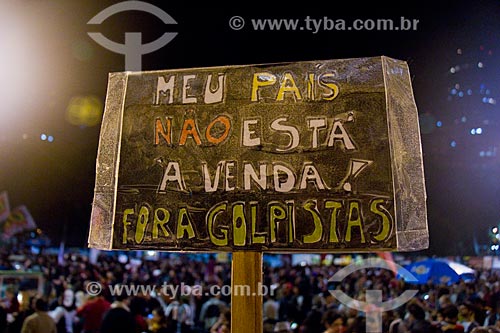  Detail of poster during the National Protest: No to coups - no right unless - Presidente Vargas Avenue - that say: My country is not for sale! out scammers  - Rio de Janeiro city - Rio de Janeiro state (RJ) - Brazil