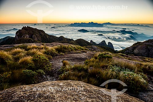  View of dawn from trail to Pedra do Sino (Bell Stone) - Serra dos Orgaos National Park with the Nose of Friar with wart  - Teresopolis city - Rio de Janeiro state (RJ) - Brazil
