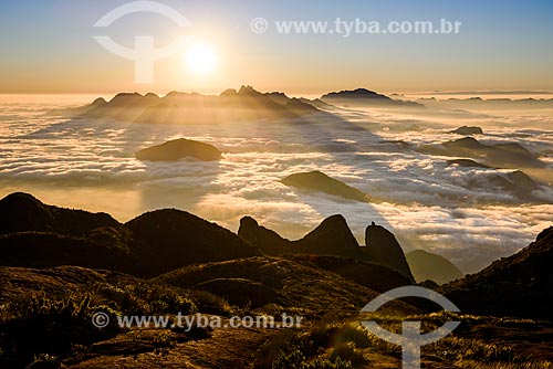  View of dawn from trail to Pedra do Sino (Bell Stone) - Serra dos Orgaos National Park with the Nose of Friar with wart  - Teresopolis city - Rio de Janeiro state (RJ) - Brazil