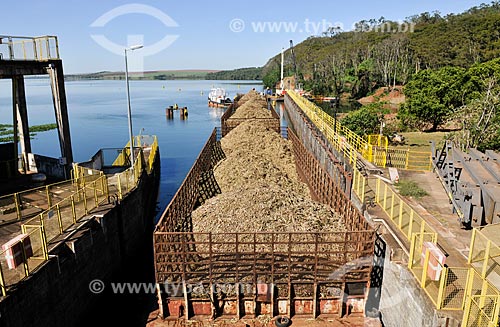  Barge carrying sugarcane - Dam of Alvaro de Souza Lima Hydrelectric Plant - Tiete-Parana Waterway  - Bariri city - Sao Paulo state (SP) - Brazil