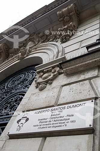  Detail of plaque opposite to building where Alberto Santos Dumont lived in Paris  - Paris - Paris department - France
