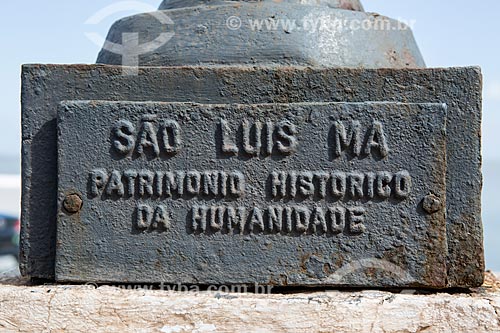  Detail of plaque - base of lamppost that says: Sao Luis MA World Heritage Site  - Sao Luis city - Maranhao state (MA) - Brazil