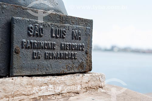  Detail of plaque - base of lamppost that says: Sao Luis MA World Heritage Site  - Sao Luis city - Maranhao state (MA) - Brazil