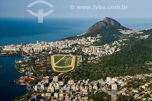  View of the Gavea Hippodrome and the Lagoa, Jardim Botanico and Gavea neighborhoods from Christ the Redeemer  - Rio de Janeiro city - Rio de Janeiro state (RJ) - Brazil