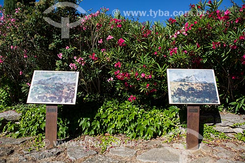  Detail of the exhibition in the outdoor with paintings reproductions of Sainte-Victoire lot of Paul Cézanne - Terrain des Peintres (Terreno dos pintores)  - Aix-en-Provence city - Alpes-de-Haute-Provence department - France