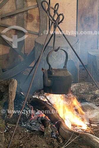  Detail of teapot - bonfire heating up the water for chimarrao  - Canela city - Rio Grande do Sul state (RS) - Brazil