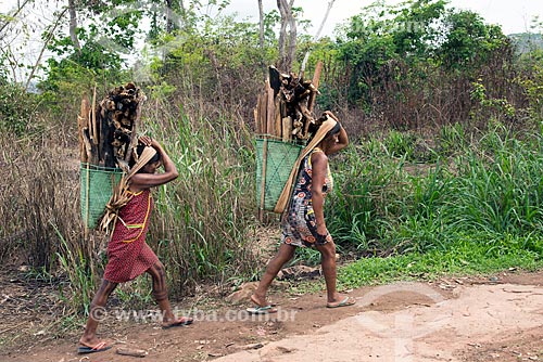  Indian women carrying fuelwood - Moikarako Tribe - Kayapo Indigenous Land  - Sao Felix do Xingu city - Para state (PA) - Brazil