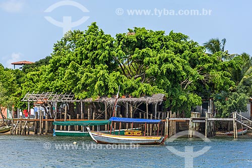  View of berthed motorboat - Sapinho Island from Camamu Bay  - Camamu city - Bahia state (BA) - Brazil