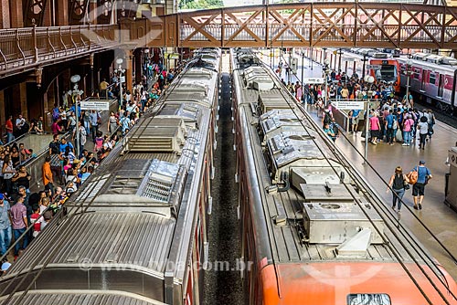  Top view of passengers boarding - train in platform of the Luz Station  - Sao Paulo city - Sao Paulo state (SP) - Brazil