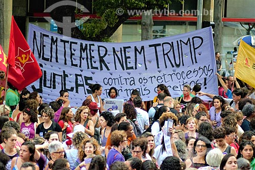  Poster that say: Neither Temer, Neither Trump - during manifestation the International Womens Day  - Rio de Janeiro city - Rio de Janeiro state (RJ) - Brazil
