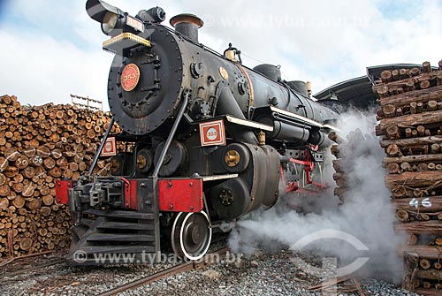  Detail of locomotive stocking up with firewood  - Guararema city - Sao Paulo state (SP) - Brazil