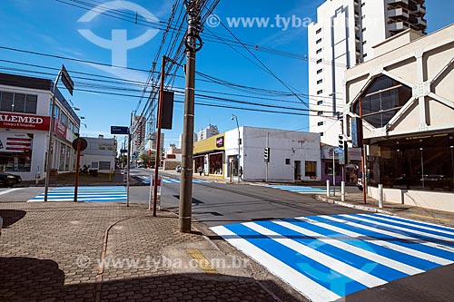  Crosswalk painted blue and white - corner of Episcopal Street with Doutor Carlos Botelho Street  - Sao Carlos city - Sao Paulo state (SP) - Brazil