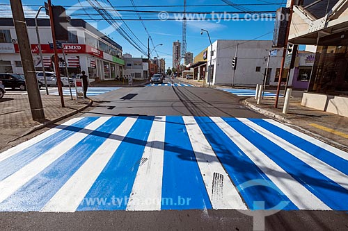 Crosswalk painted blue and white - corner of Episcopal Street with Doutor Carlos Botelho Street  - Sao Carlos city - Sao Paulo state (SP) - Brazil
