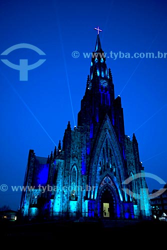 View of the Nossa Senhora de Lourdes Church - also know as Catedral de Pedra (Cathedral of Stone) - with special lighting during the nightfall  - Canela city - Rio Grande do Sul state (RS) - Brazil