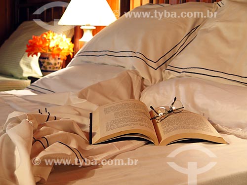  Detail of book over on bed  - Gramado city - Rio Grande do Sul state (RS) - Brazil