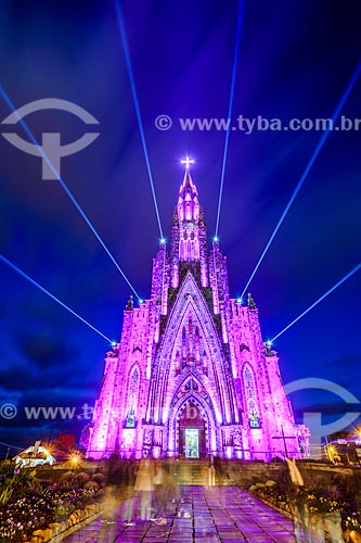  Nossa Senhora de Lourdes Church - also know as Catedral de Pedra (Cathedral of Stone) - with special lighting - pink  - Canela city - Rio Grande do Sul state (RS) - Brazil