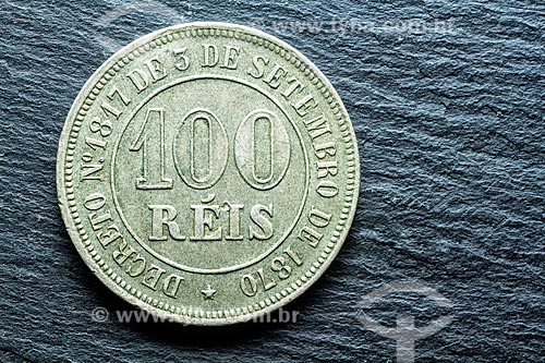  Detail of Brazilian currency - Reis - Ancient coin of 100 reis  - Florianopolis city - Santa Catarina state (SC) - Brazil