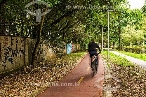  Cyclist in bike lane near to Bosque do Papa Joao Paulo II (Woods of Pope Joao Paulo II)  - Curitiba city - Parana state (PR) - Brazil