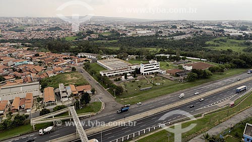  Picture taken with drone of the Limeira city water treatment station with the Anhanguera Highway (SP-330)  - Limeira city - Sao Paulo state (SP) - Brazil