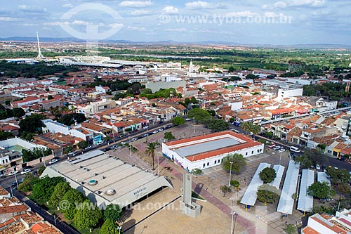  Picture taken with drone of the Socorro Square and the Padre Cicero Memorial (1988) with the Luzeiro do Sertao in the background  - Juazeiro do Norte city - Ceara state (CE) - Brazil
