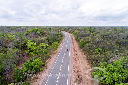  Picture taken with drone of the Araripe-Apodi National Forest with the CE-060 highway - also known as Padre Cicero highway  - Barbalha city - Ceara state (CE) - Brazil