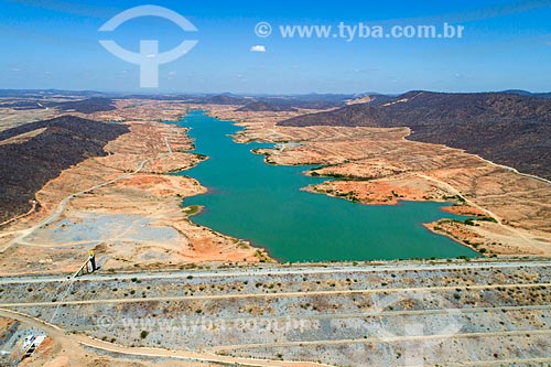  Picture taken with drone of the Bela Vista Dam - part of the Project of Integration of Sao Francisco River with the watersheds of Northeast setentrional - with rain water  - Sao Jose de Piranhas city - Paraiba state (PB) - Brazil