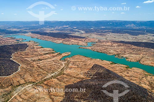  Picture taken with drone of the Bela Vista Dam - part of the Project of Integration of Sao Francisco River with the watersheds of Northeast setentrional - with rain water  - Sao Jose de Piranhas city - Paraiba state (PB) - Brazil