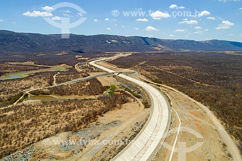  Picture taken with drone of snippet of channel of the Project of Integration of Sao Francisco River with the watersheds of Northeast setentrional  - Sao Jose de Piranhas city - Paraiba state (PB) - Brazil