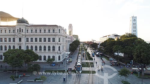  Picture taken with drone of the Art Museum of Rio (MAR) - to the left - with the Pier Maua (1949) - to the right - during the sunset  - Rio de Janeiro city - Rio de Janeiro state (RJ) - Brazil