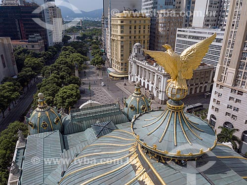 Picture taken with drone of the eagle - roof of the Municipal Theater of Rio de Janeiro (1909) with the Cinelandia Square and Sugarloaf in the background  - Rio de Janeiro city - Rio de Janeiro state (RJ) - Brazil