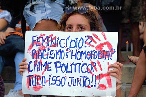  Detail of poster during the manifestation for the murder of Vereadora Marielle Franco - Cinelandia Square  - Rio de Janeiro city - Rio de Janeiro state (RJ) - Brazil