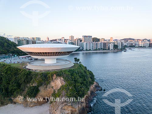  Picture taken with drone of the Niteroi Contemporary Art Museum (1996) - part of the Caminho Niemeyer (Niemeyer Way)  - Niteroi city - Rio de Janeiro state (RJ) - Brazil