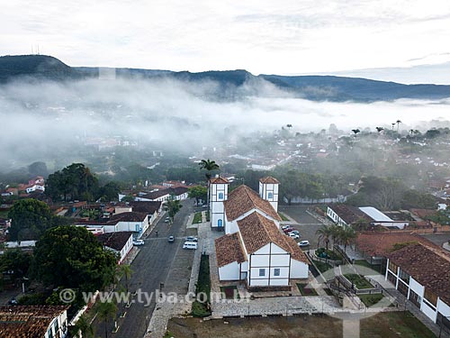  Picture taken with drone of the Matriz Church of Our Lady of Rosary (1761) during fog  - Pirenopolis city - Goias state (GO) - Brazil