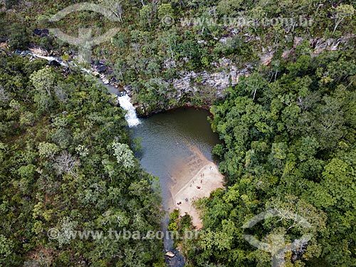  Picture taken with drone of the Santa Maria Waterfall - Vargem Grande Ecological Reserve  - Pirenopolis city - Goias state (GO) - Brazil