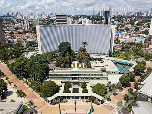  Picture taken with drone of the Esmeraldas Palace (Palace of Emeralds) - 1953 - headquarters of the State Government - with the Pedro Ludovico Teixeira Palace - administrative headquarters of the Department of Finance - in the background  - Goiania city - Goias state (GO) - Brazil