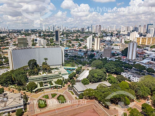  Picture taken with drone of the Esmeraldas Palace (Palace of Emeralds) - 1953 - headquarters of the State Government - with the Pedro Ludovico Teixeira Palace - administrative headquarters of the Department of Finance - in the background  - Goiania city - Goias state (GO) - Brazil