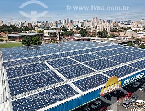  Picture taken with drone of the solar photovoltaics modules - roof of Assai Wholesaler  - Goiania city - Goias state (GO) - Brazil