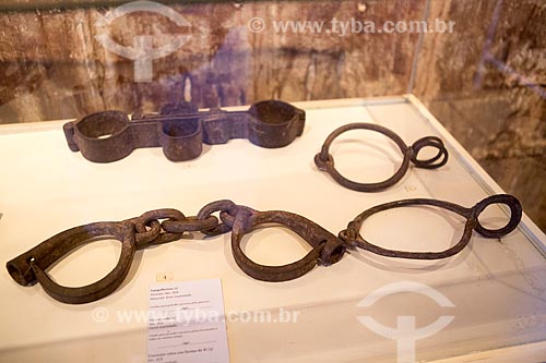  Detail of torture instruments (from up to down) vira-mundo (19th century) and peia (18th century) wuth gargalheira (19th century) to the right on exhibit - Bandeiras Museum (Flags Museum) - 1766 - old Jail and Municipal Chamber  - Goias city - Goias state (GO) - Brazil