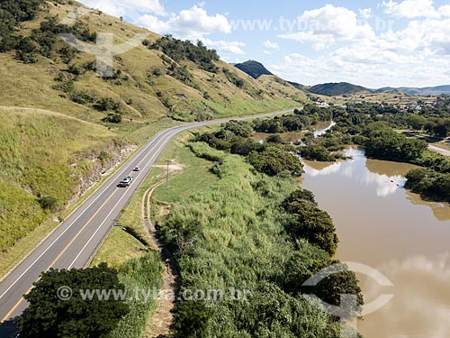 Picture taken with drone of the Paraiba do Sul River and the Km 170 of BR-393 highway to the left  - Tres Rios city - Rio de Janeiro state (RJ) - Brazil
