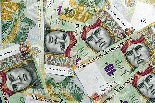  Detail of Peruvian currency - Novos Soles - banknotes of 10 with the image of the hero of the military aviation José Abelardo Quiñones Gonzales  - Lima city - Lima province - Peru