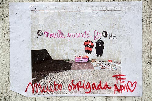  Detail of poster - tributes to remember 1 month for the murder of Vereadora Marielle Franco - John Paul I Street - where she got shot dead on March 14, 2018  - Rio de Janeiro city - Rio de Janeiro state (RJ) - Brazil