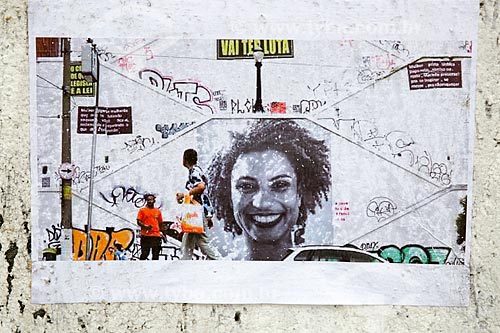  Detail of poster - tributes to remember 1 month for the murder of councilwoman Marielle Franco - John Paul I Street - where she got shot dead on March 14, 2018  - Rio de Janeiro city - Rio de Janeiro state (RJ) - Brazil