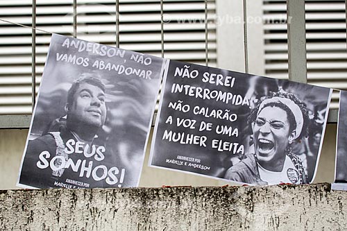  Detail of poster - tributes to remember 1 month for the murder of councilwoman Marielle Franco and Anderson - John Paul I Street - where she got shot dead on March 14, 2018  - Rio de Janeiro city - Rio de Janeiro state (RJ) - Brazil