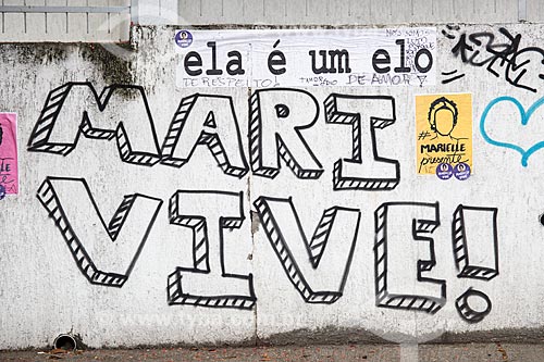  Detail of protest messages to remember 1 month for the murder of councilwoman Marielle Franco - John Paul I Street - where she got shot dead on March 14, 2018  - Rio de Janeiro city - Rio de Janeiro state (RJ) - Brazil