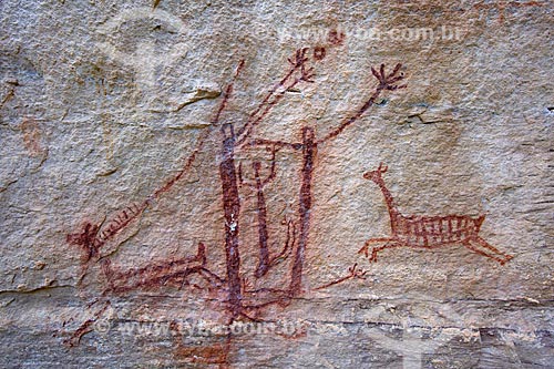  Detail of rupestrian painting - animals and people figures - Archaeological Site of Toca Pinga do Boi - Serra da Capivara National Park  - Sao Raimundo Nonato city - Piaui state (PI) - Brazil