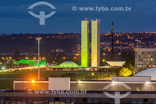  View of facade of the National Congress with special lighting - green and yellow  - Brasilia city - Distrito Federal (Federal District) (DF) - Brazil